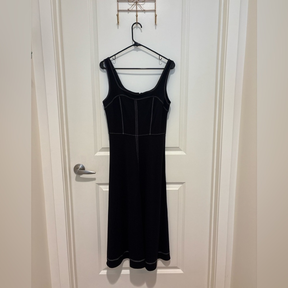 LOFT Black Contrast Stitch Midi Dress Size 2